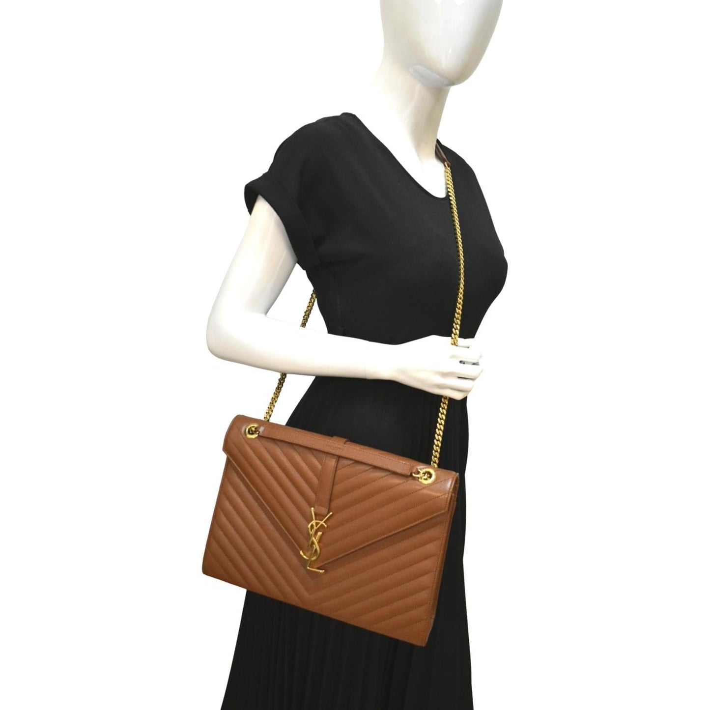 SAINT LAURENT Large Envelope Mix Matelasse Leather Chain Shoulder Bag Dark Natural