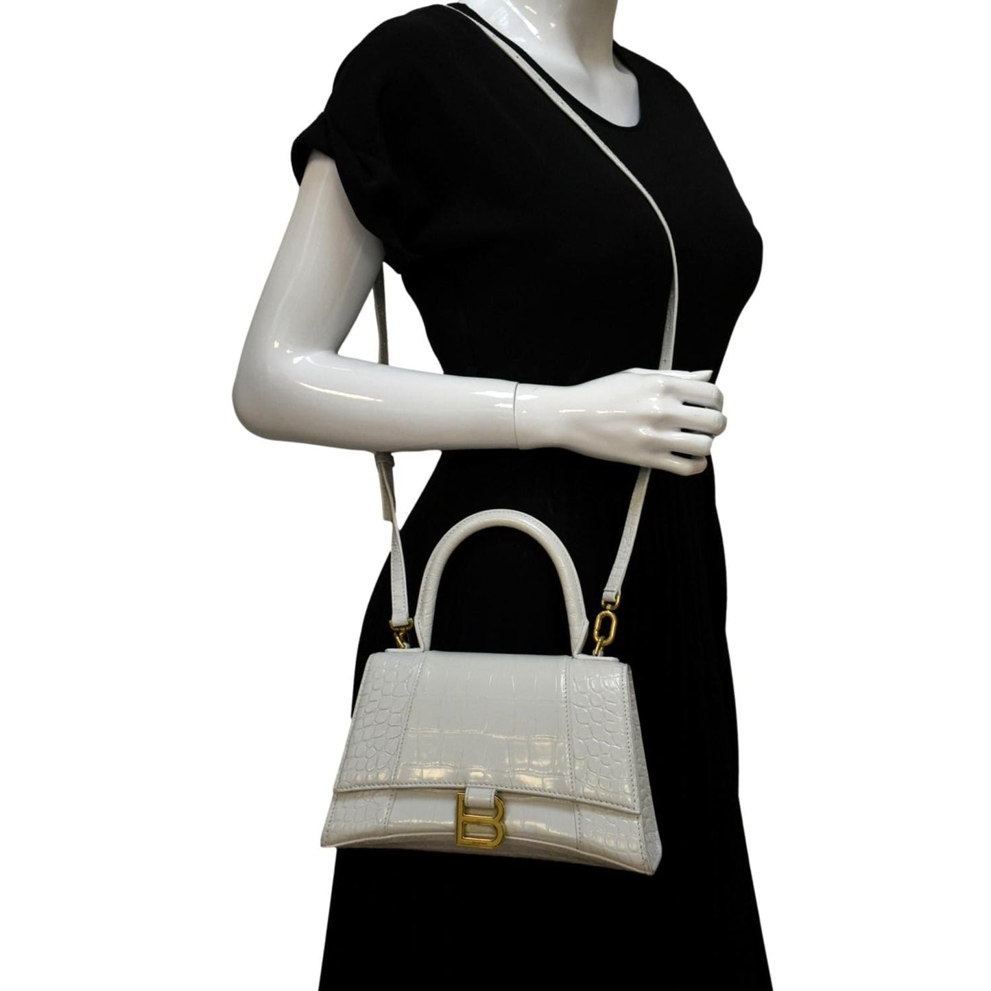 BALENCIAGA Small Hourglass Crocodile Embossed Top Handle Shoulder Bag White