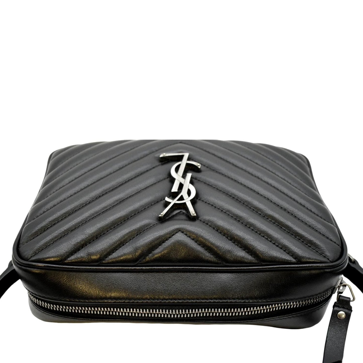 SAINT LAURENT Lou Chevron Leather Camera Crossbody Bag Black
