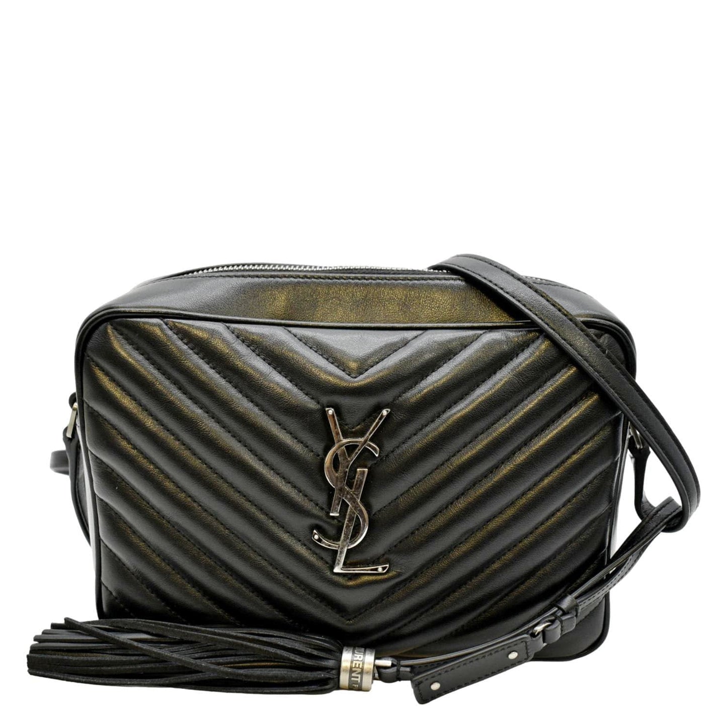 SAINT LAURENT Lou Chevron Leather Camera Crossbody Bag Black
