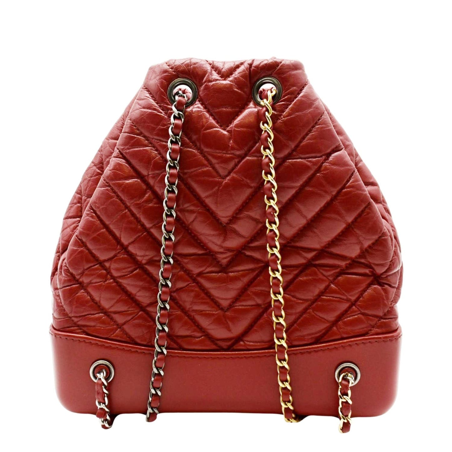 Chanel Gabrielle Chevron Aged Calfskin Leather Backpack Bag Red