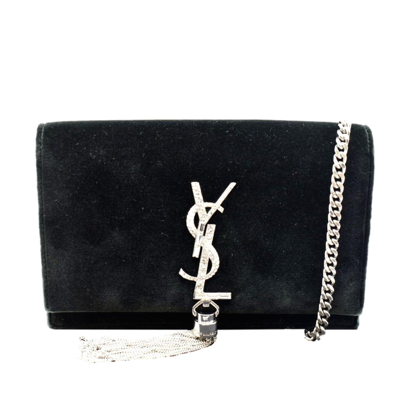SAINT LAURENT Crystal Kate Medium Tassel Velvet Crossbody Bag Dark Green