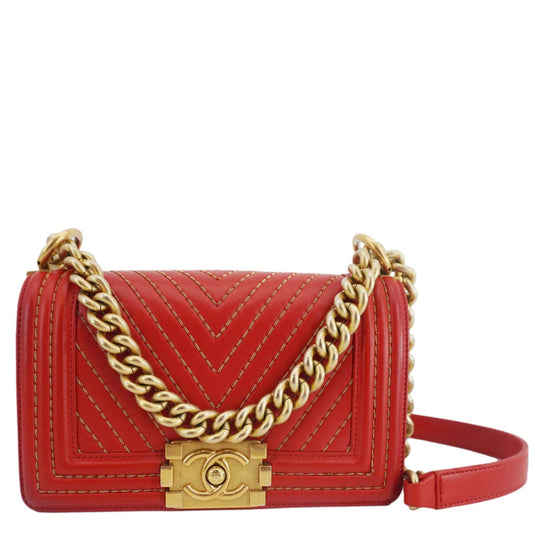 Chanel Boy Flap Small Chevron Leather Shoulder Bag Red