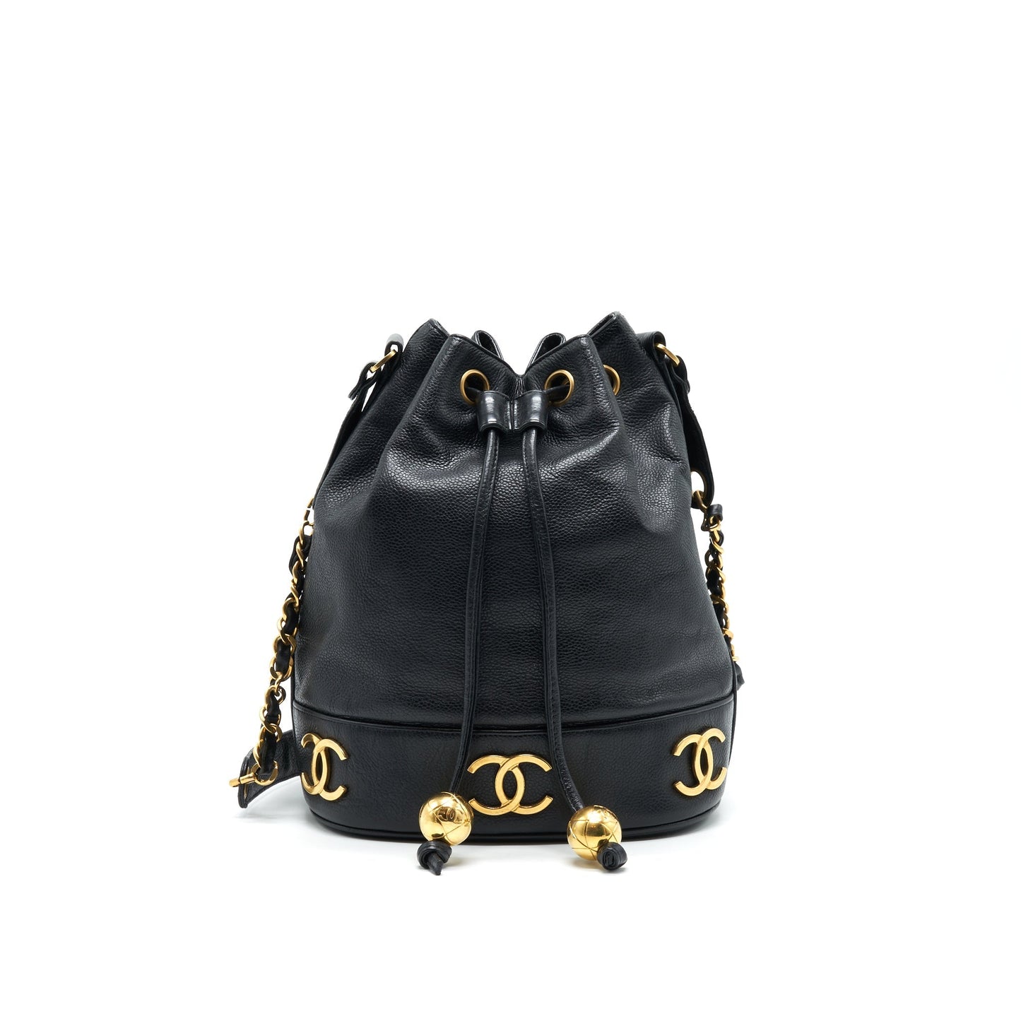 CHANEL CC Logo Pearl Crush Caviar Bucket Bag Black