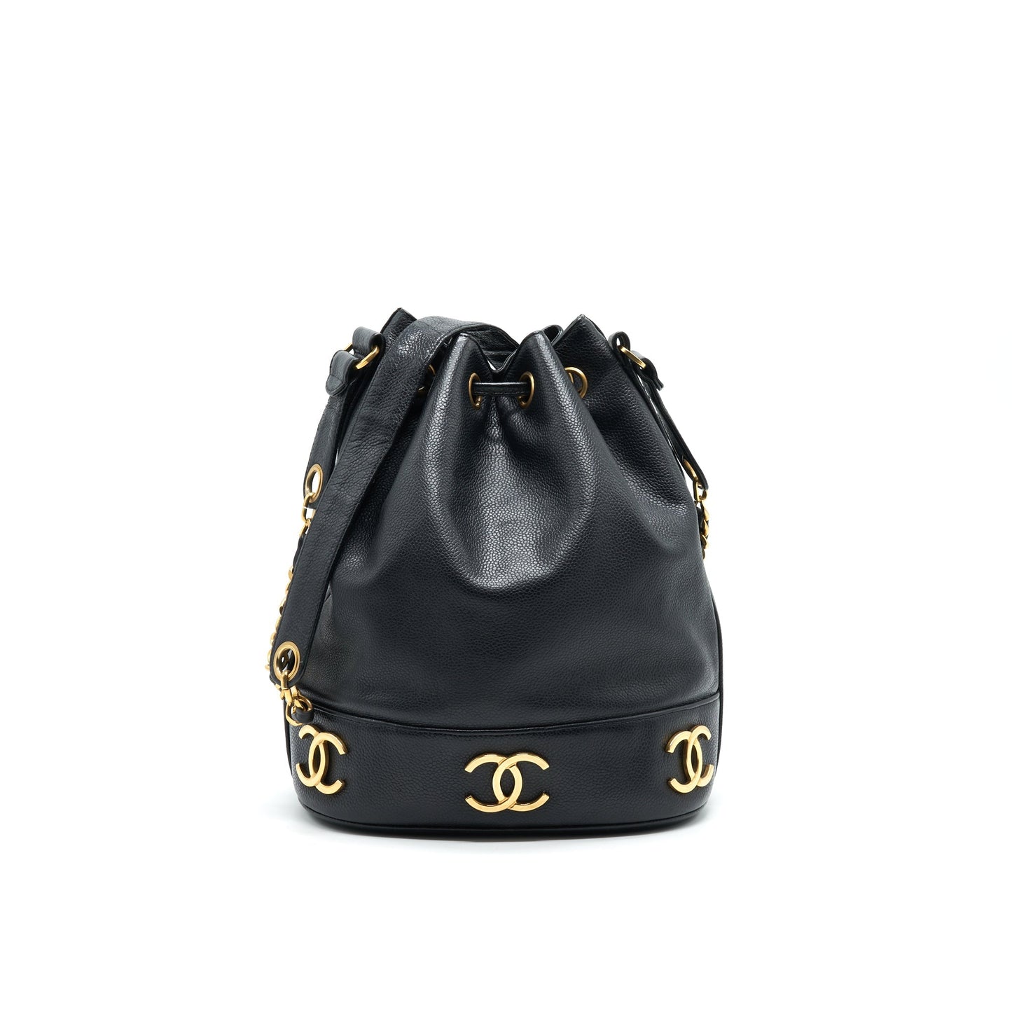 CHANEL CC Logo Pearl Crush Caviar Bucket Bag Black
