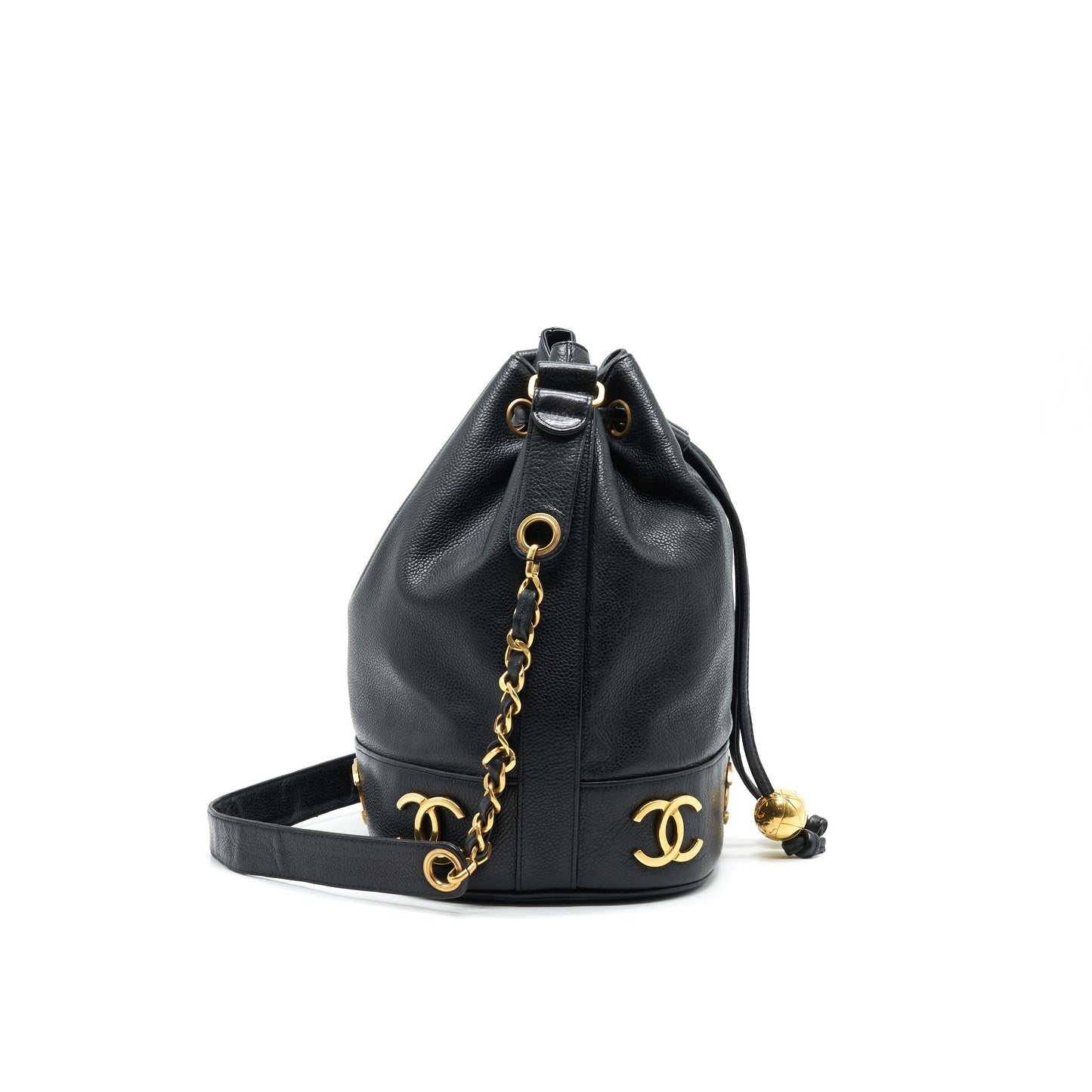CHANEL CC Logo Pearl Crush Caviar Bucket Bag Black