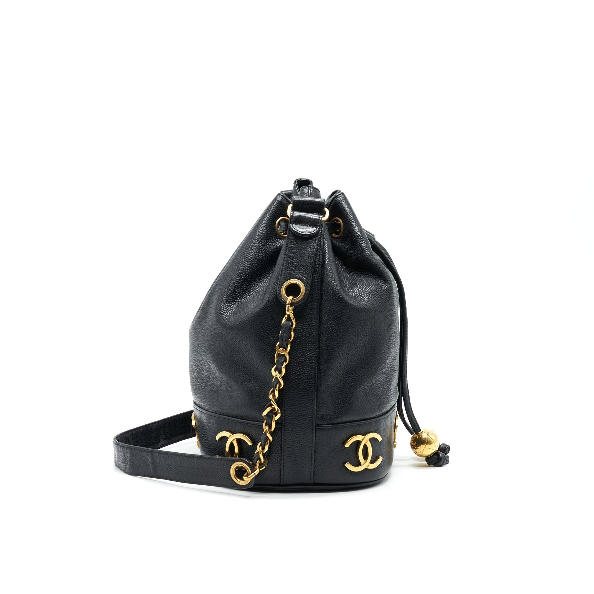 CHANEL CC Logo Pearl Crush Caviar Bucket Bag Black