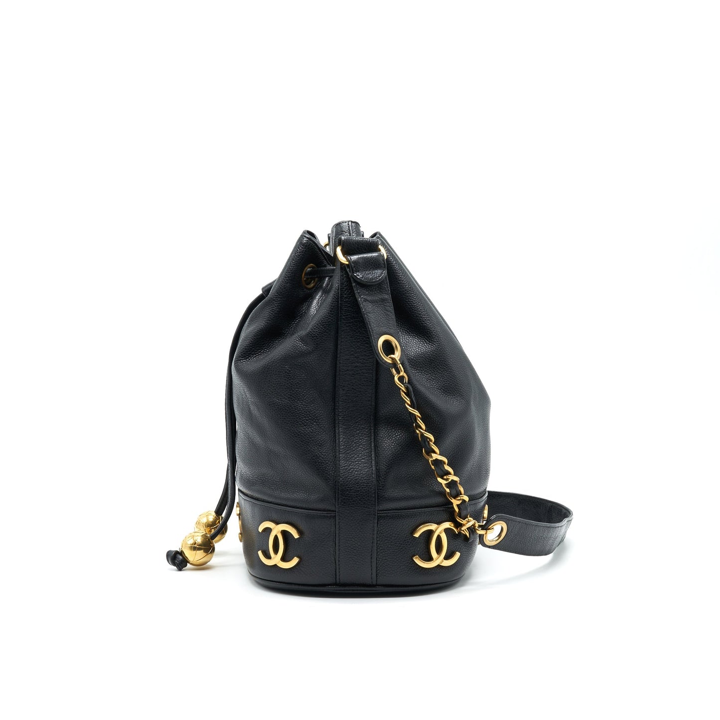 CHANEL CC Logo Pearl Crush Caviar Bucket Bag Black