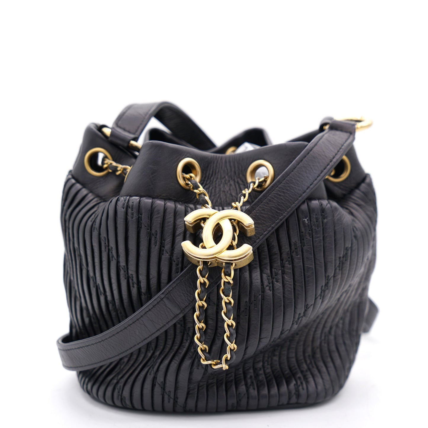Chanel Black Pleated Leather CC Drawstring Bucket Bag