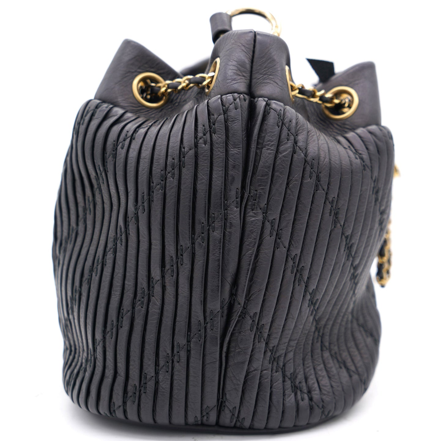 Chanel Black Pleated Leather CC Drawstring Bucket Bag