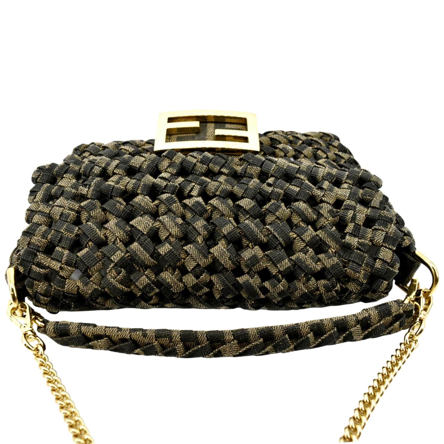 FENDI Mini Baguette Woven Jacquard Fabric Shoulder Bag Brown