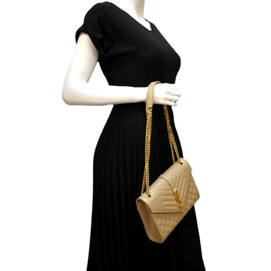 SAINT LAURENT Envelope Flap Matelasse Leather Shoulder Bag Beige