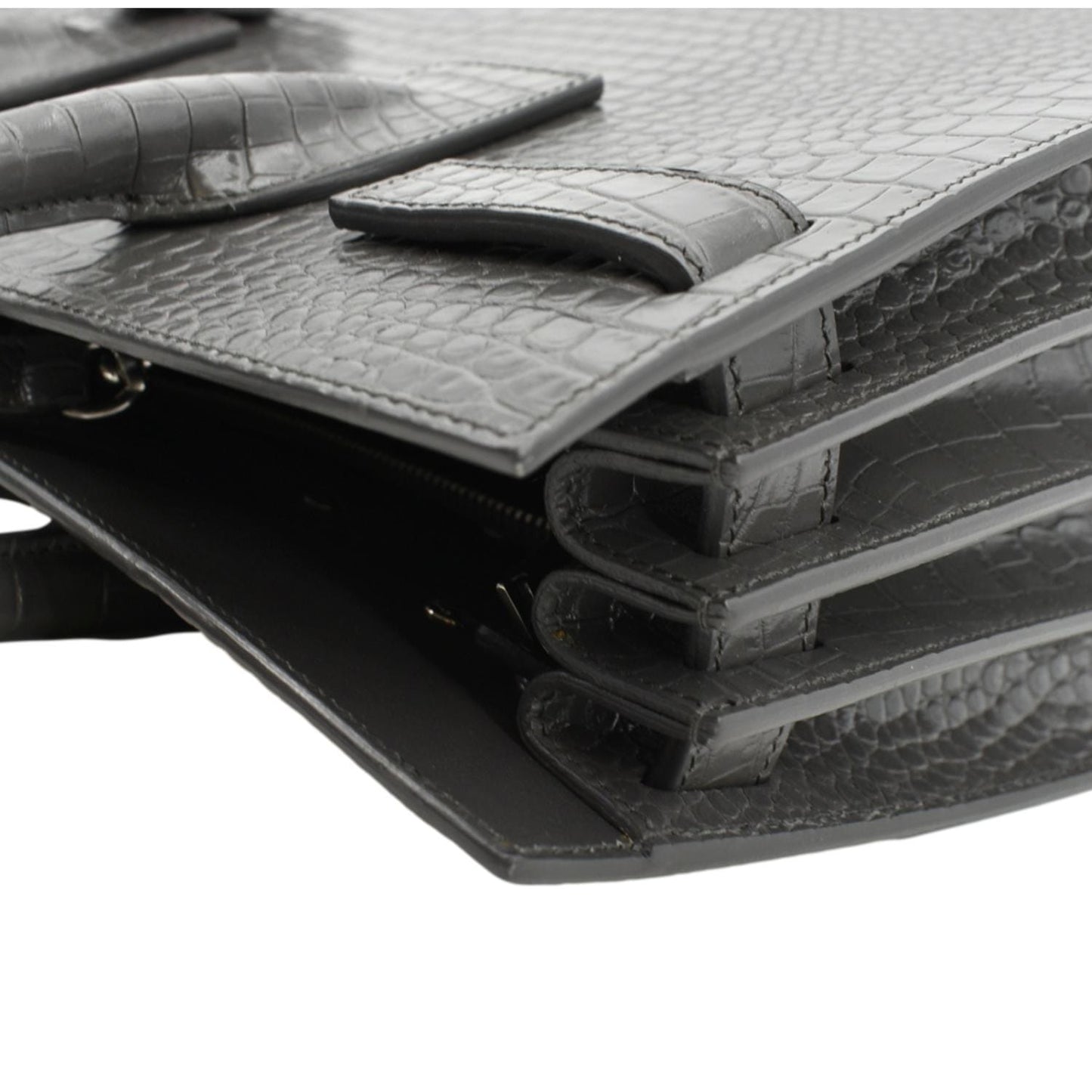 SAINT LAURENT Sac de Jour Crocodile-Embossed Satchel Bag Grey