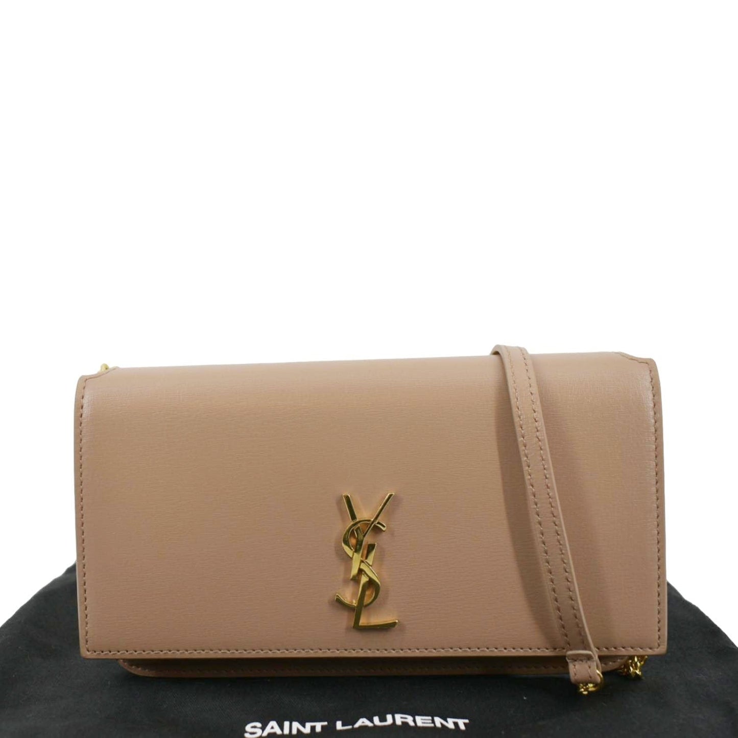 SAINT LAURENT Cassandre Phone Holder Leather Shoulder Bag Dark Beige