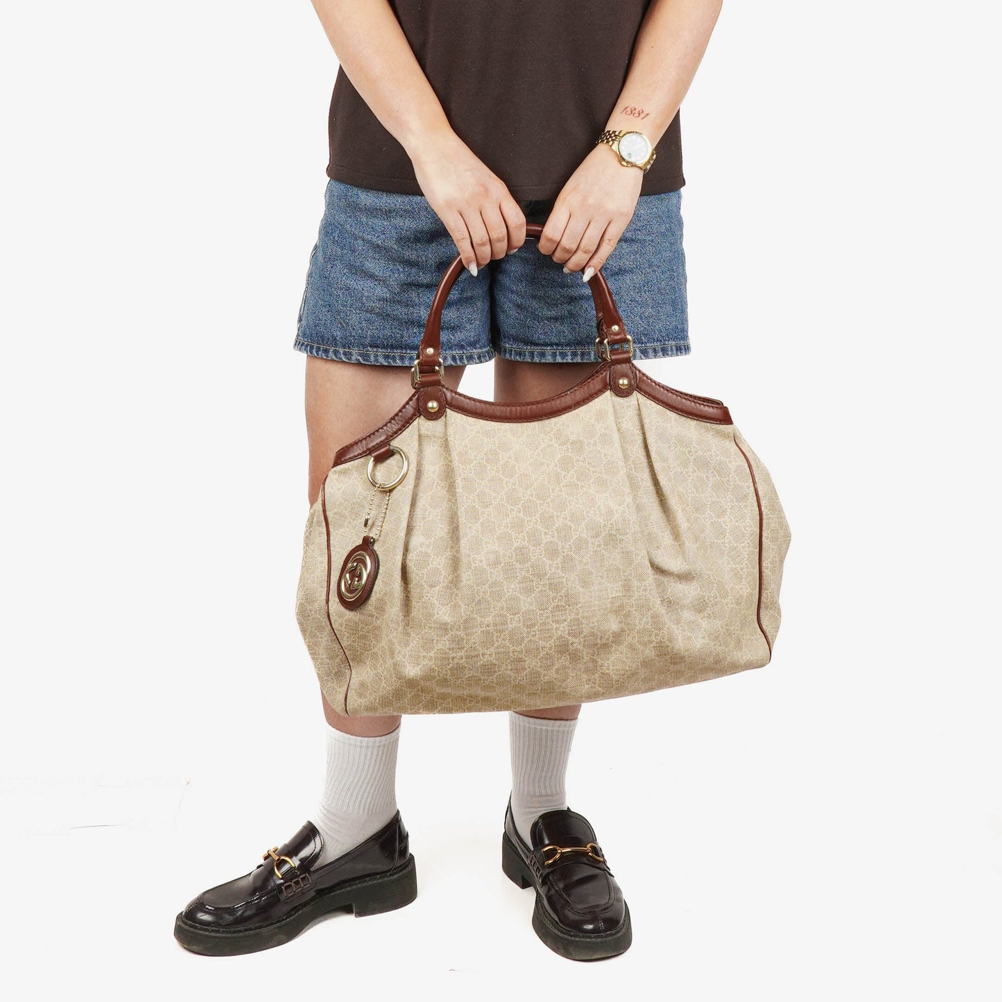 Gucci Beige/Brown Diamante Canvas Sukey Shoulder Hobo Bag