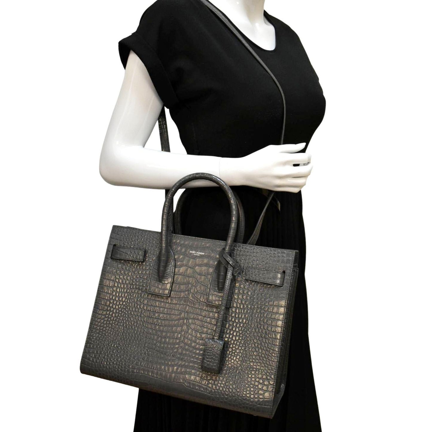 SAINT LAURENT Sac de Jour Crocodile-Embossed Satchel Bag Grey