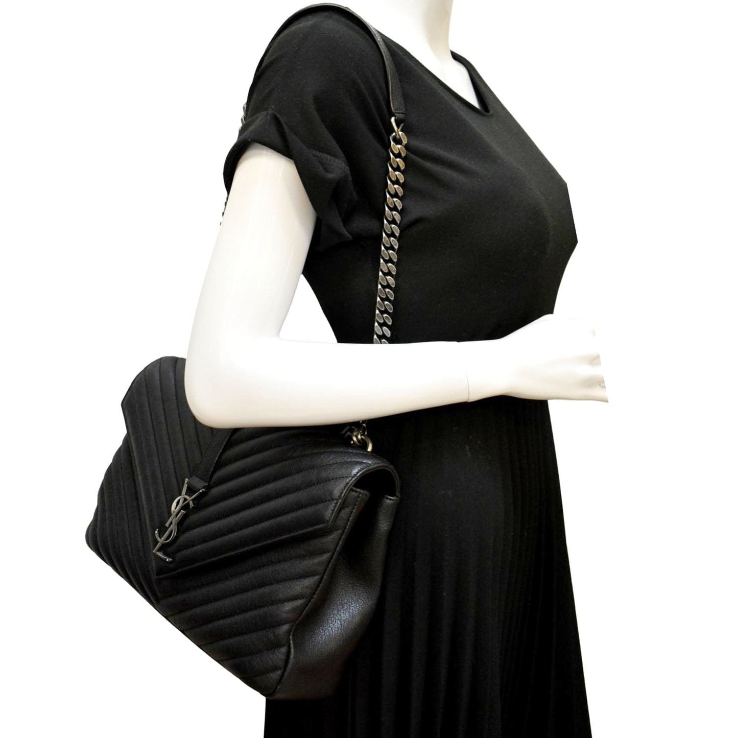 SAINT LAURENT College Large Lambskin Leather Shoulder Chain Bag Black