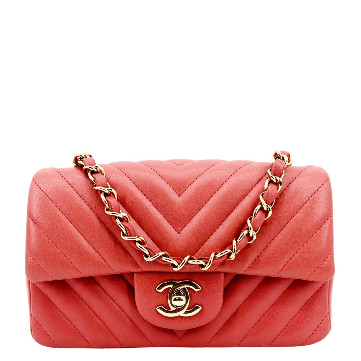 Chanel Rectangular Flap Mini Quilted Chevron Leather Shoulder Bag Red