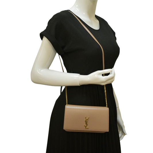 SAINT LAURENT Cassandre Phone Holder Leather Shoulder Bag Dark Beige