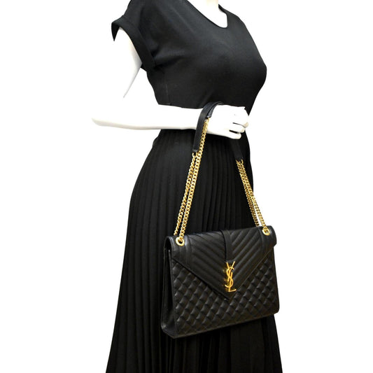 SAINT LAURENT Large Envelope Calfskin Leather Chain Shoulder Bag Black