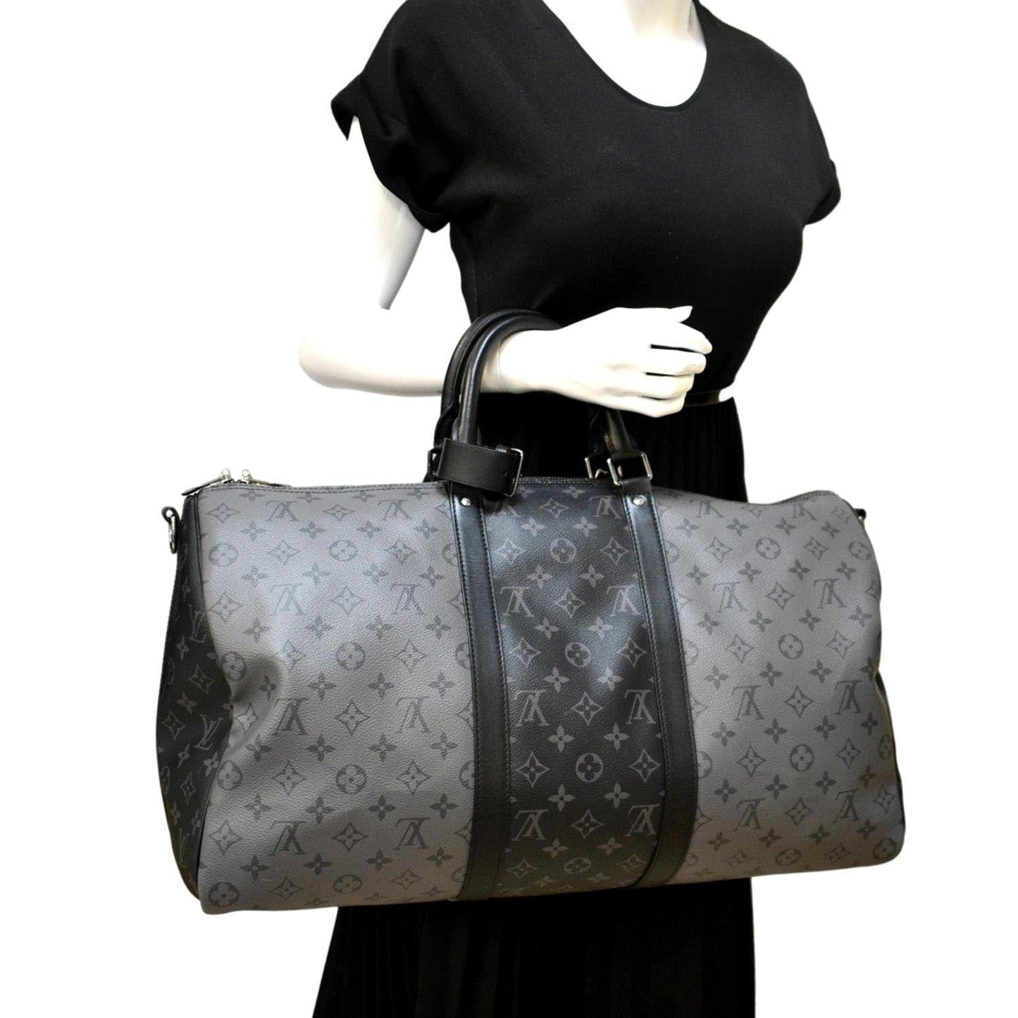 LOUIS VUITTON Keepall 50 Bandouliere Monogram Eclipse Travel Bag Black