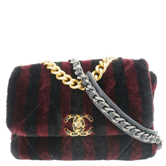 Chanel 19 Flap Medium Striped Shearling Shoulder Bag Black
