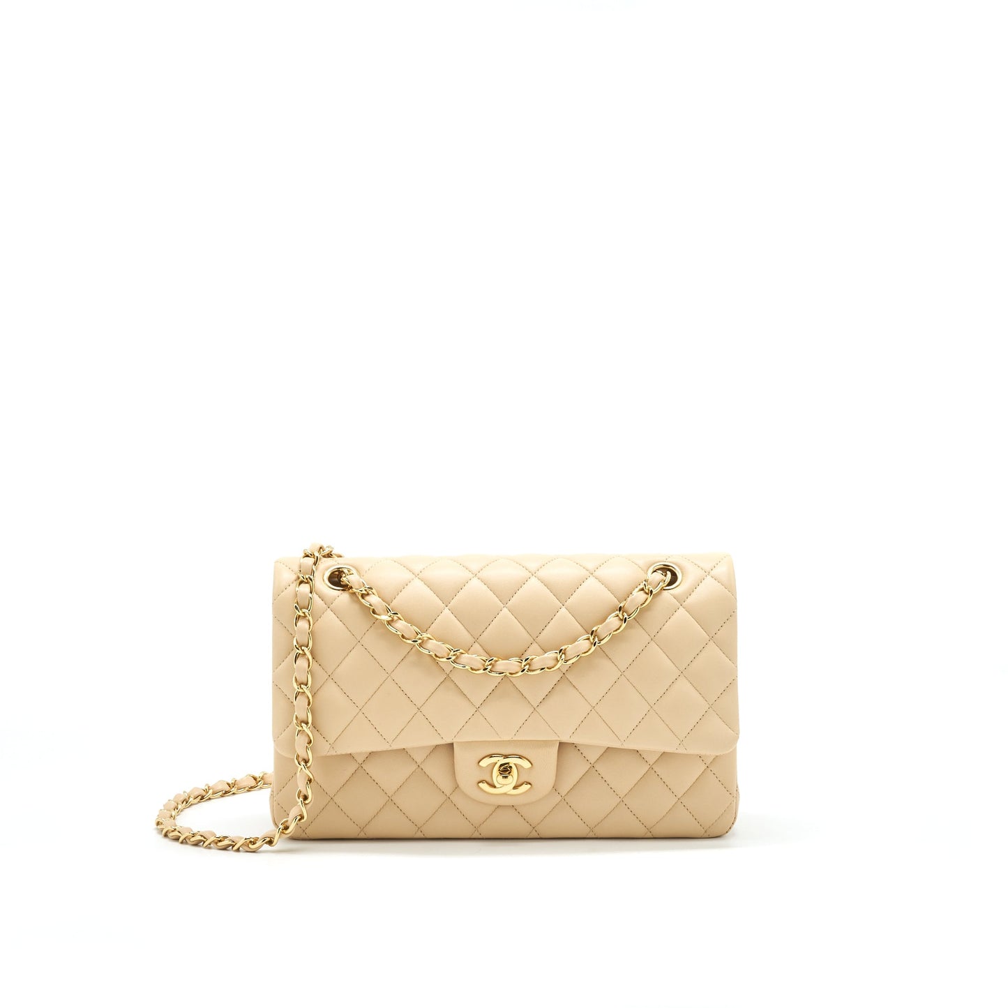 CHANEL MEDIUM CLASSIC DOUBLE FLAP LAMBSKIN BEIGE WITH