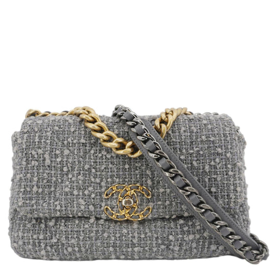 Chanel 19 Flap Medium Quilted Tweed Shoulder Bag Gray