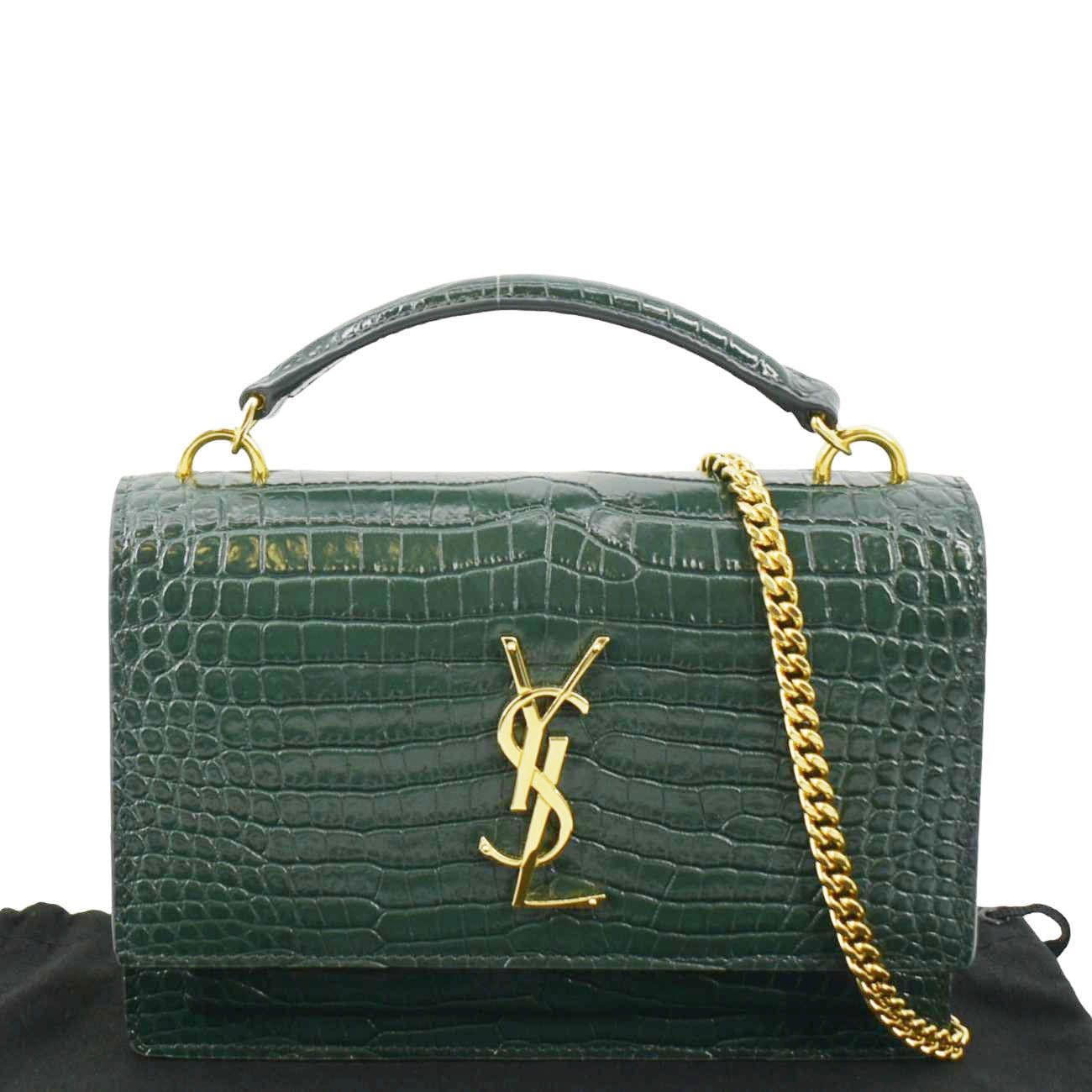 SAINT LAURENT Sunset Crocodile Embossed Leather Crossbody Bag Green