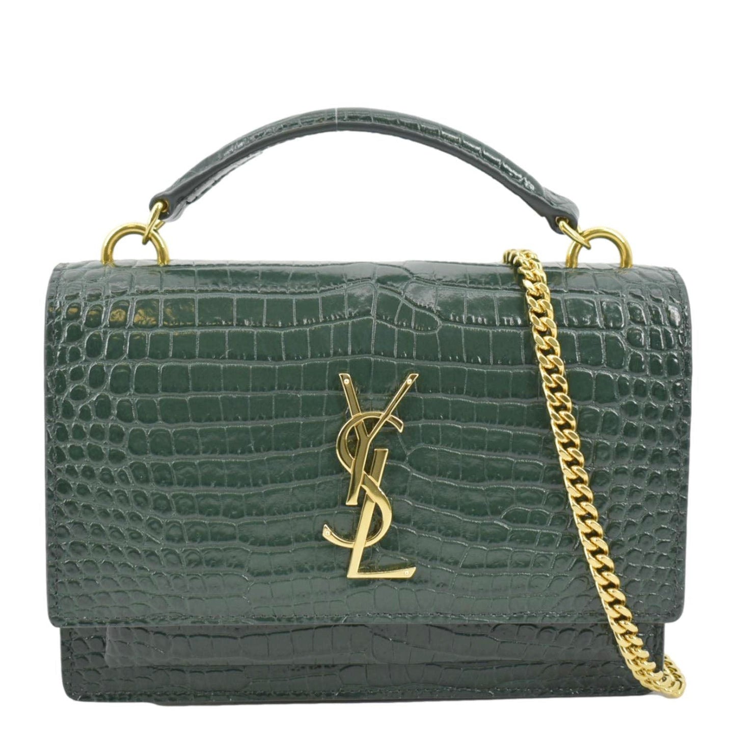 SAINT LAURENT Sunset Crocodile Embossed Leather Crossbody Bag Green