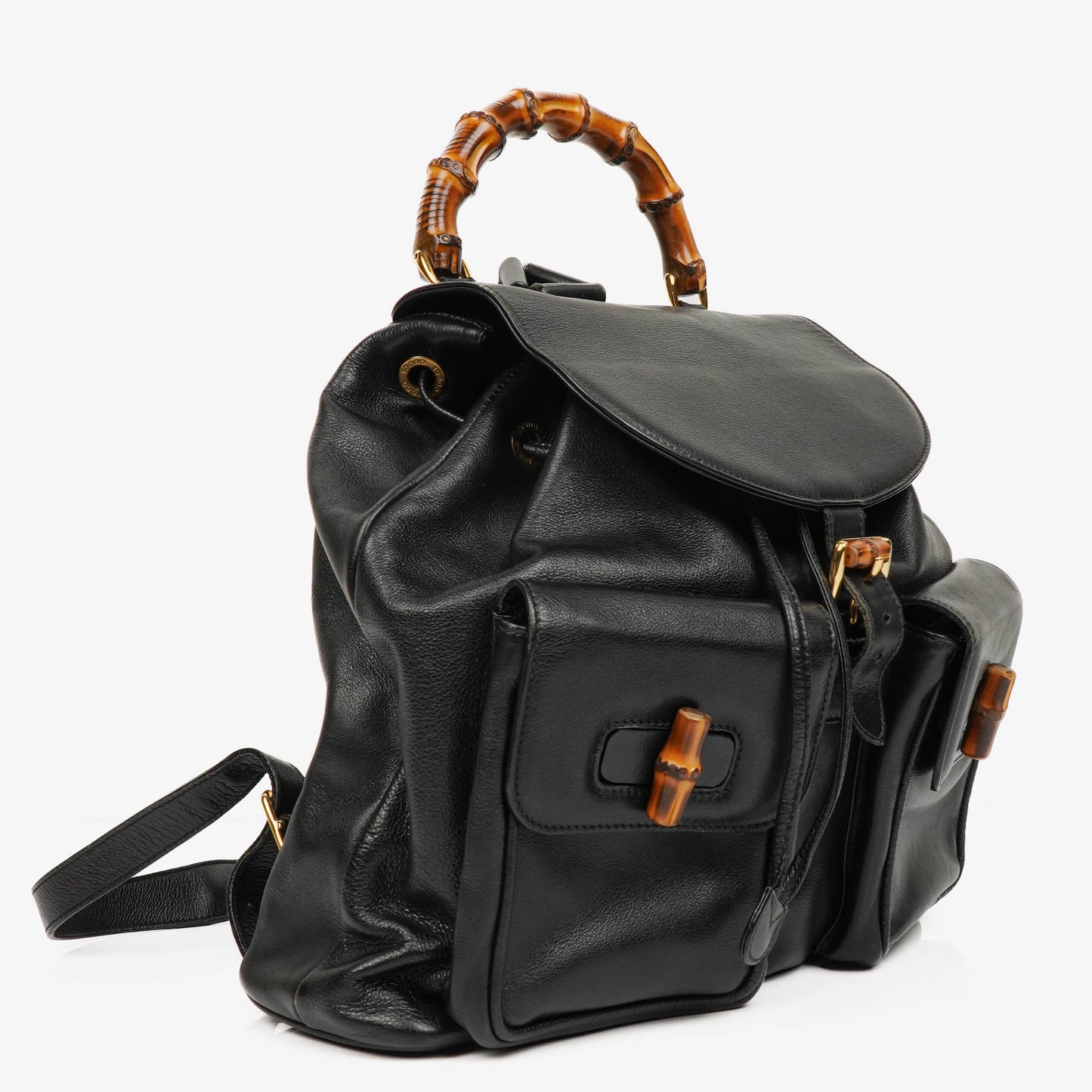 Gucci Vintage Black Leather Bamboo Backpack