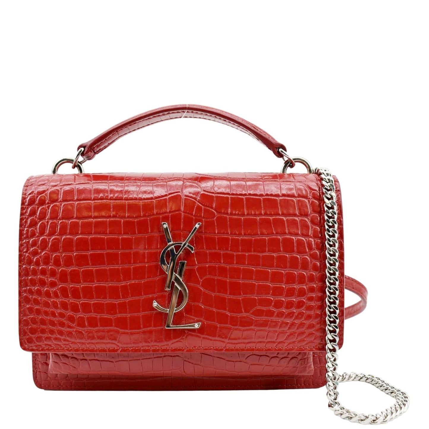 SAINT LAURENT Sunset Crocodile Embossed Leather Crossbody Bag Red