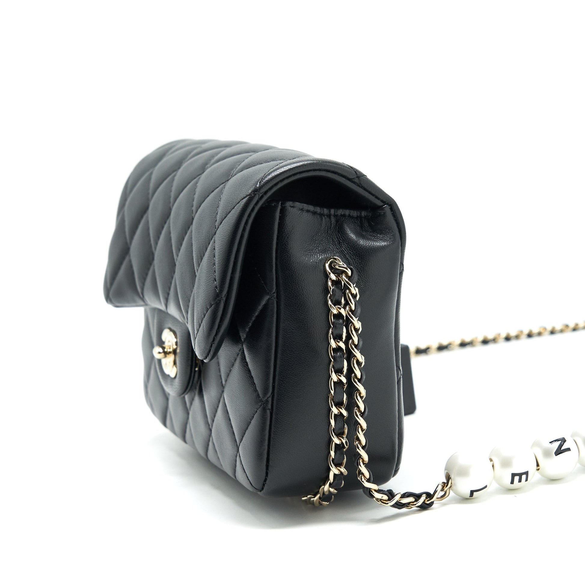 Chanel Pearl Chain Flap Bag Quilted Grained Lambskin Black L