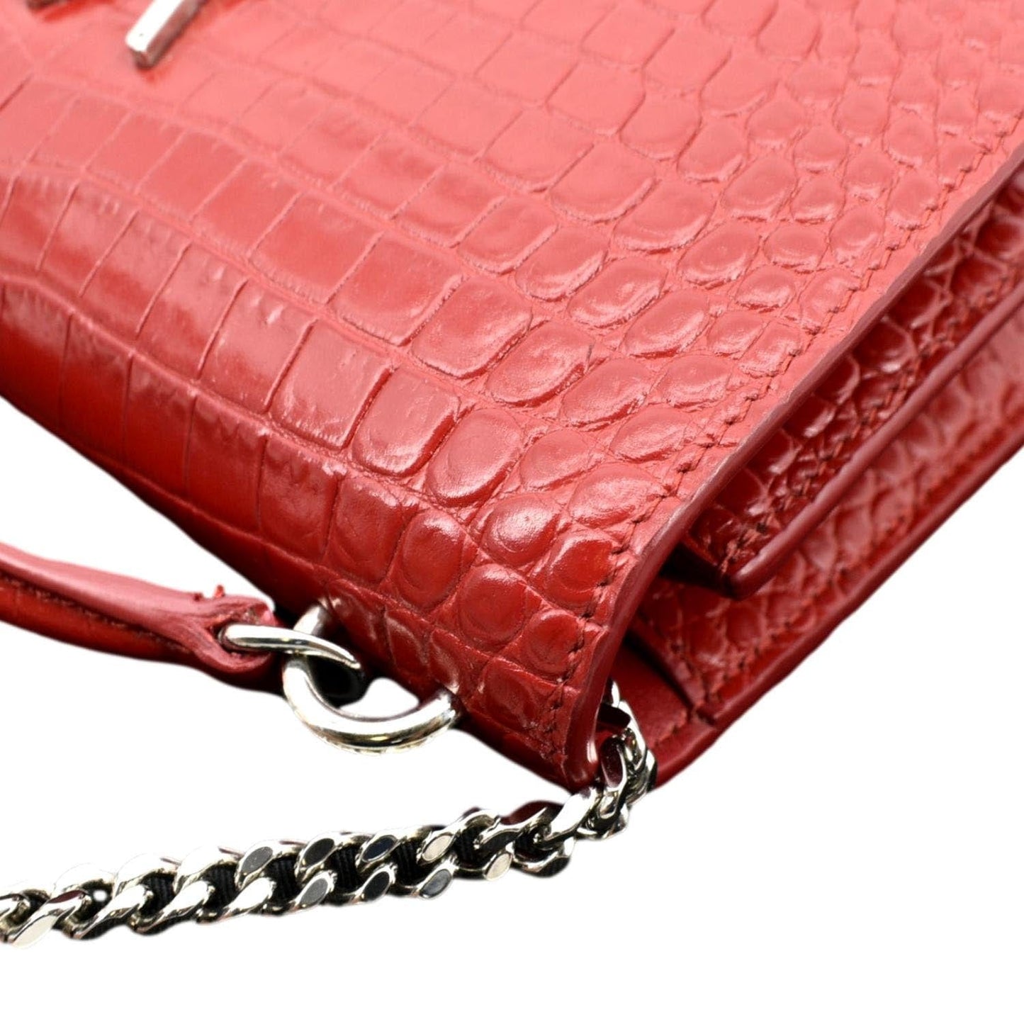 SAINT LAURENT Sunset Crocodile Embossed Leather Crossbody Bag Red