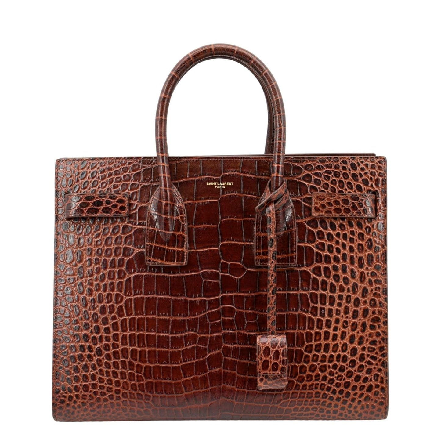 SAINT LAURENT Sac de Jour Embossed Leather Satchel Bag Chocolate Brown