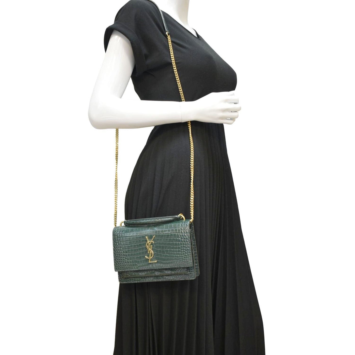 SAINT LAURENT Sunset Crocodile Embossed Leather Crossbody Bag Green