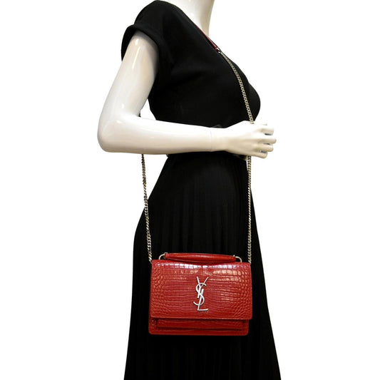 SAINT LAURENT Sunset Crocodile Embossed Leather Crossbody Bag Red