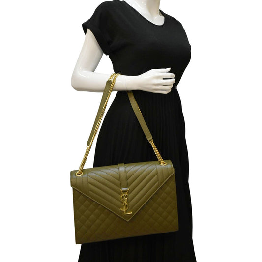 SAINT LAURENT Large Envelope Flap Matelasse Leather Shoulder Bag Khaki Green