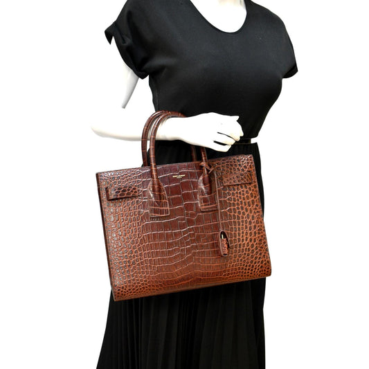 SAINT LAURENT Sac de Jour Embossed Leather Satchel Bag Chocolate Brown