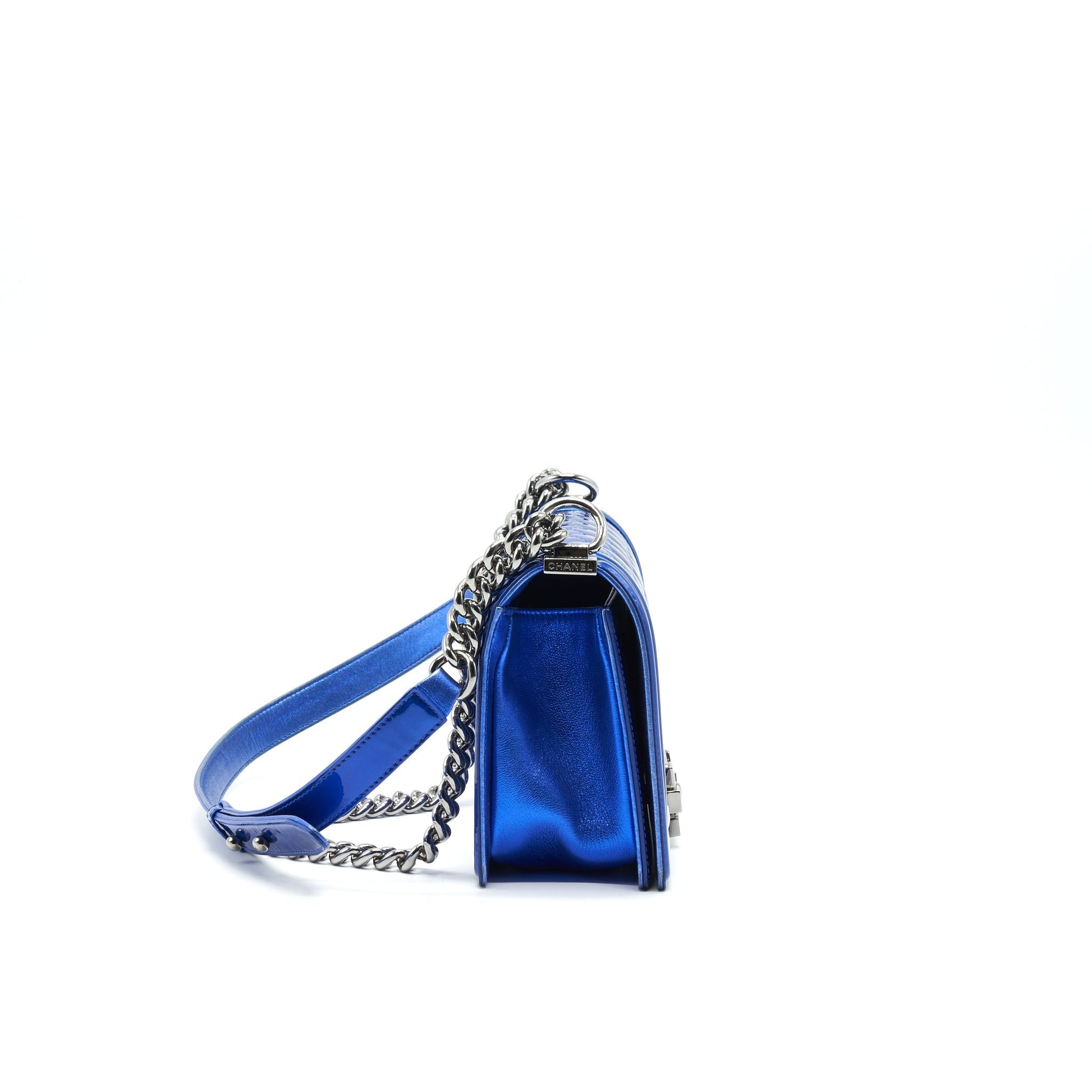 CHANEL MEDIUM LE BOY BAG METALLIC BLUE