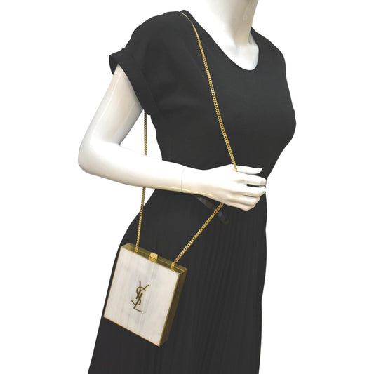 SAINT LAURENT Tuxedo Box Plexiglass Metal Crossbody Bag Blanc Grise