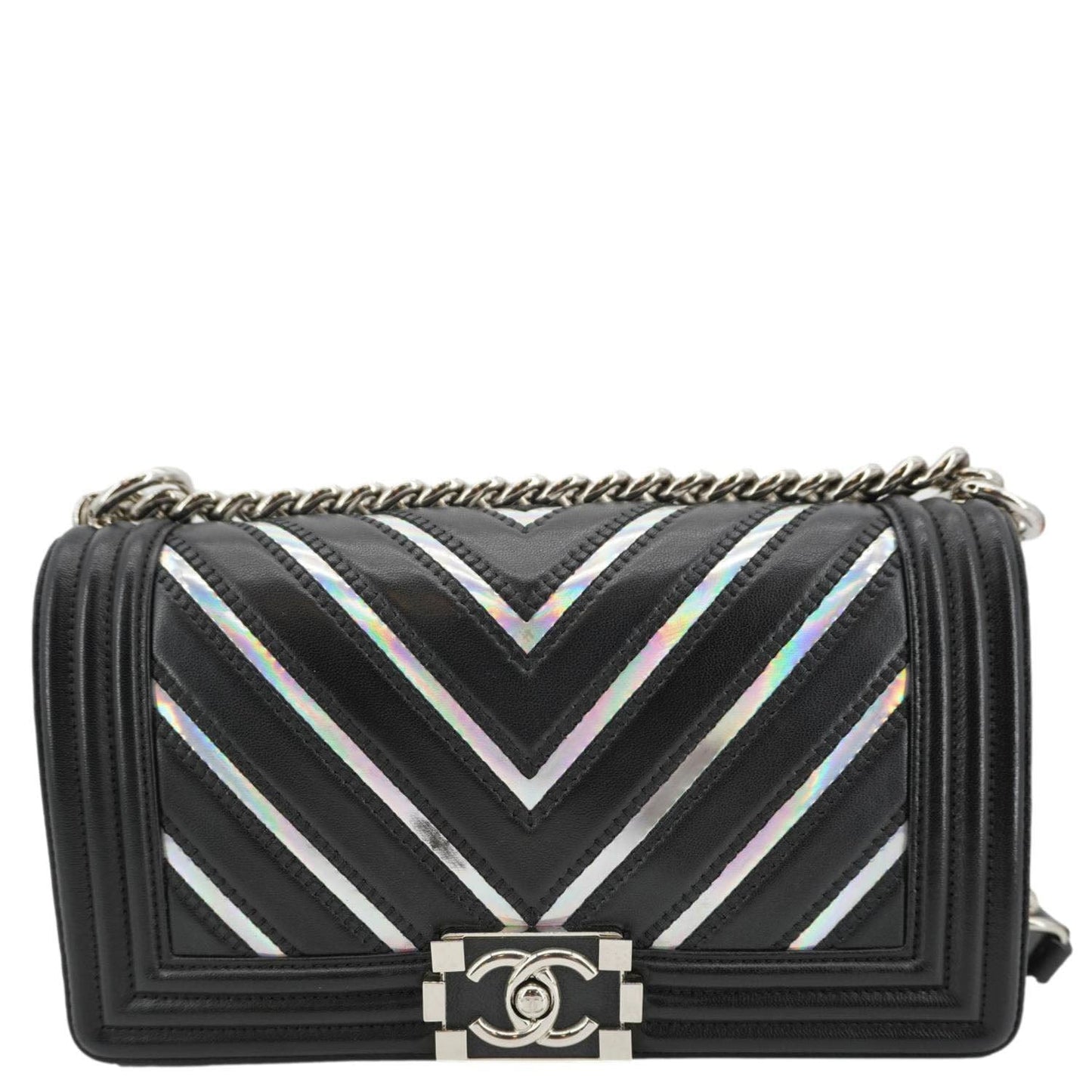 Chanel Boy Flap Chevron Leather with Holographic PVC Crossbody Bag Black