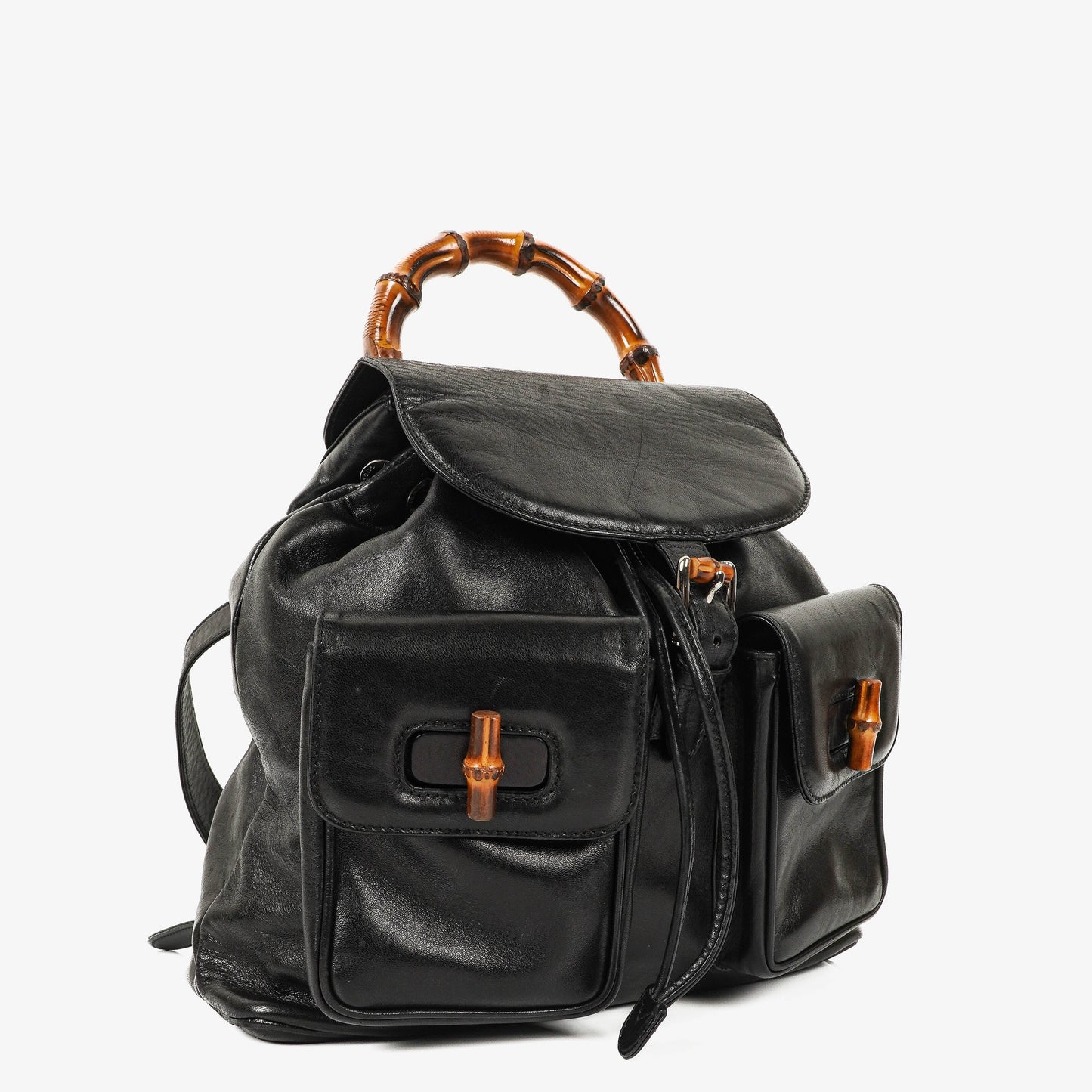 Gucci Vintage Black Leather Bamboo Backpack
