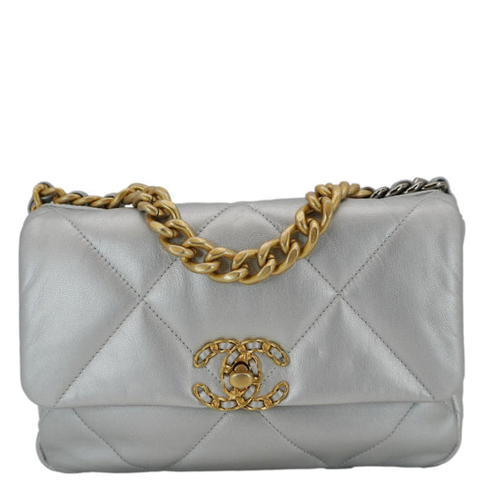 Chanel 19 Medium Flap Quilted Leather Shoulder Bag Metallic Silver