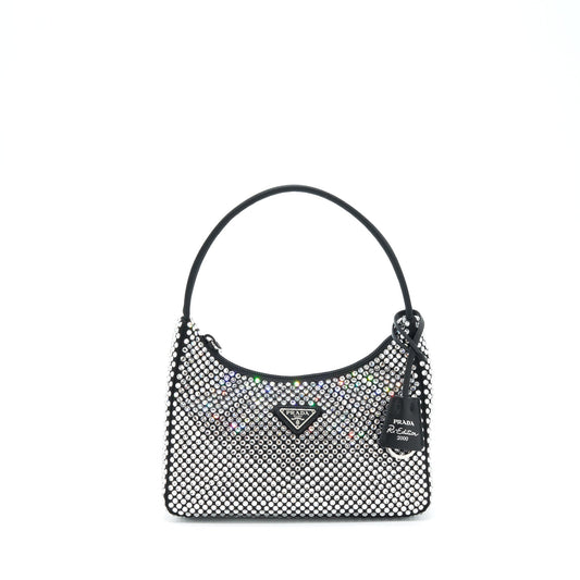 Prada Re-Edition 2000 Crystal Hobo Bag Nylon/Leather Black SHW