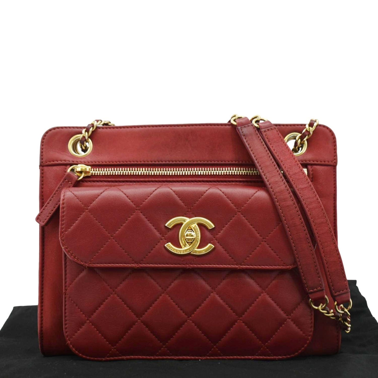 Chanel Square Front Pocket Quilted Leather Chain Crossbody Bag Red