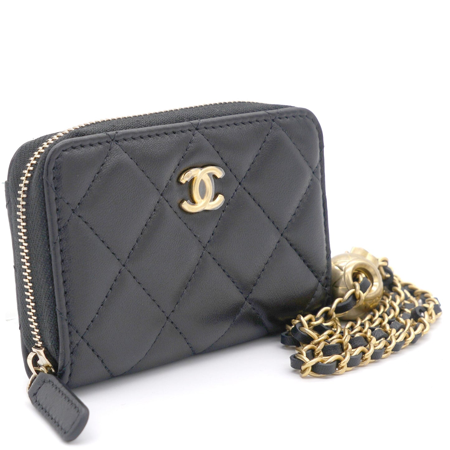 Chanel Black Lambskin Leather CC Zip Around Purse with Gold Ball Chain