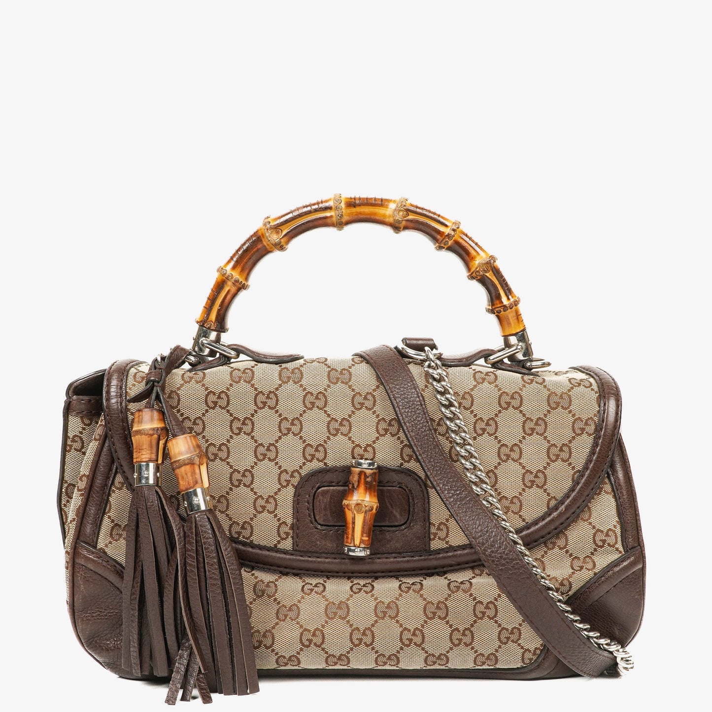 Gucci New Bamboo Top Handle Beige/Ebony GG Canvas and Leather Bag