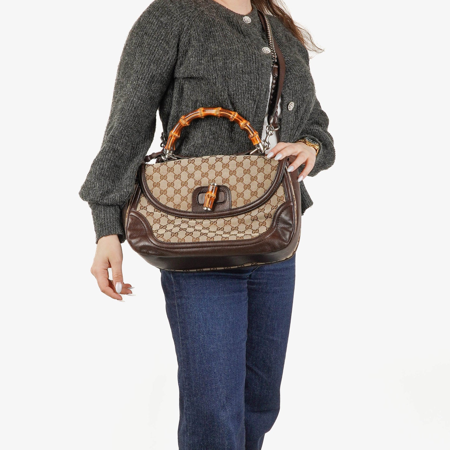 Gucci New Bamboo Top Handle Beige/Ebony GG Canvas and Leather Bag