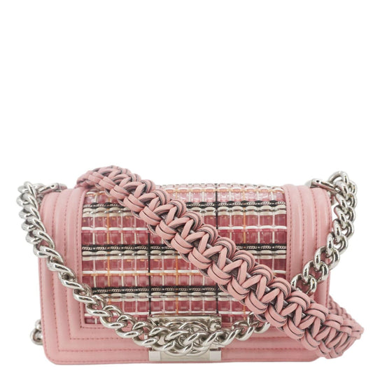 Chanel Boy Flap Small Woven Leather Shoulder Bag Pink